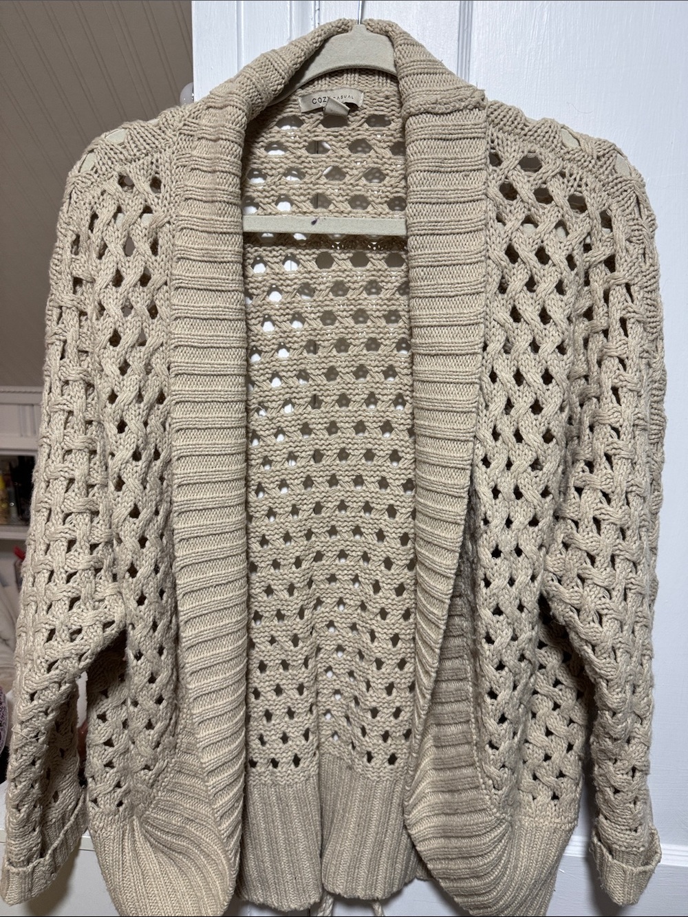 Cozy Casual Taupe Open-Weave Shawl Cardigan